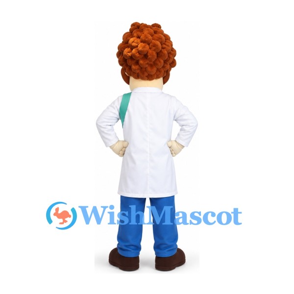 Scientist Mascot Costume with Curly Brown Hair and White Lab Coat