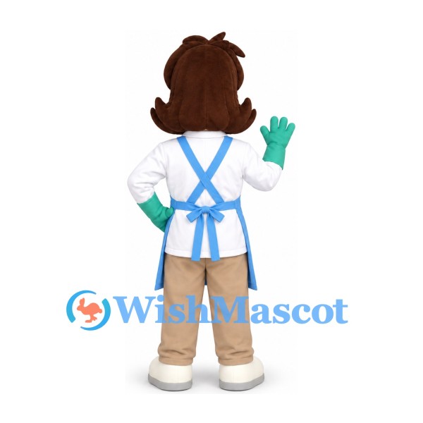 Scientist Mascot Costume with Blue Apron and Green Gloves