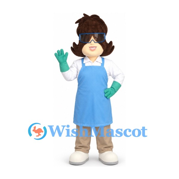 Scientist Mascot Costume with Blue Apron and Green Gloves