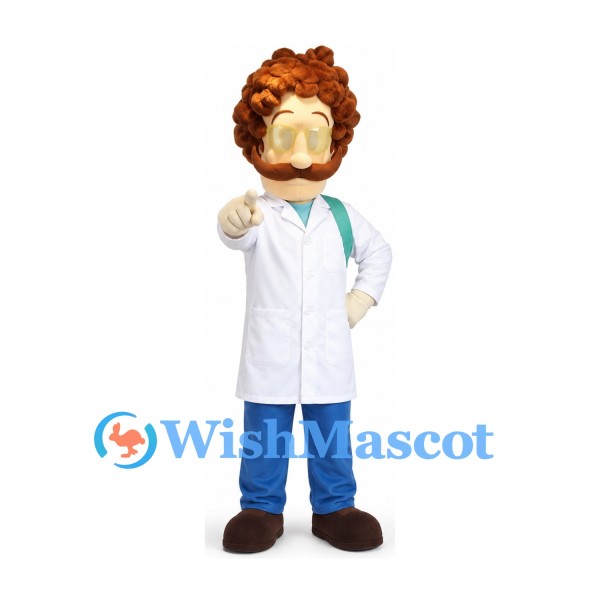 Scientist Mascot Costume with Curly Brown Hair and White Lab Coat