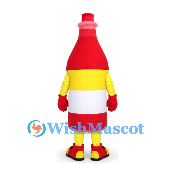 Red Sauce Bottle Mascot Costume with Yellow and White Label