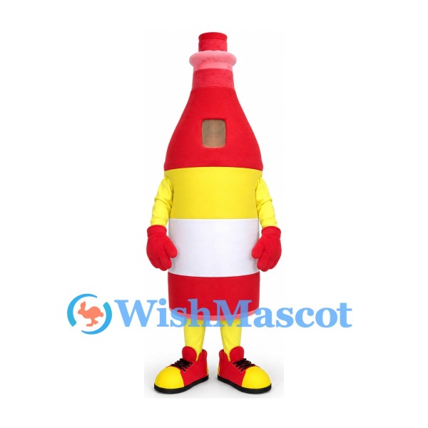 Red Sauce Bottle Mascot Costume with Yellow and White Label