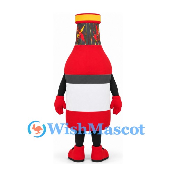 Red Sauce Bottle Mascot Costume with Black Neck and White Label