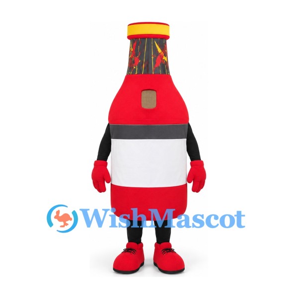 Red Sauce Bottle Mascot Costume with Black Neck and White Label