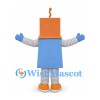 Robot Mascot Costume with Orange Box Head and Blue Body