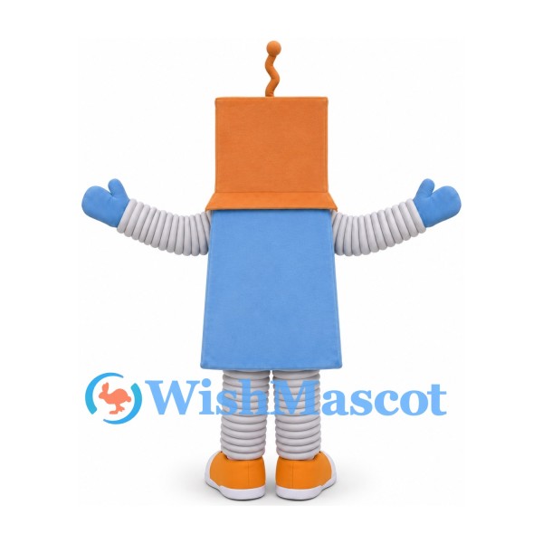 Robot Mascot Costume with Orange Box Head and Blue Body