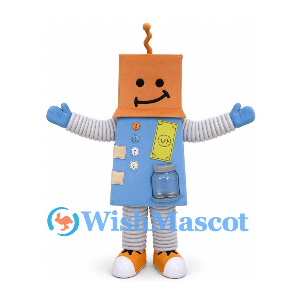 Robot Mascot Costume with Orange Box Head and Blue Body