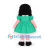 Rag Doll Mascot Costume with Black Yarn Hair and Green Dress