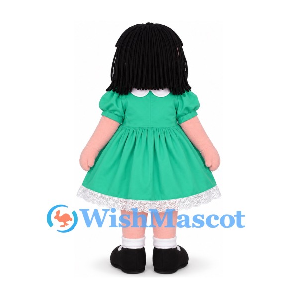 Rag Doll Mascot Costume with Black Yarn Hair and Green Dress