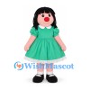 Rag Doll Mascot Costume with Black Yarn Hair and Green Dress