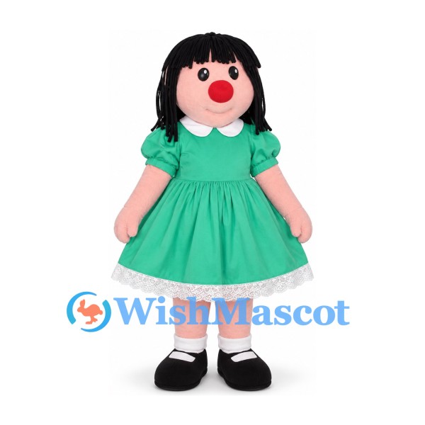 Rag Doll Mascot Costume with Black Yarn Hair and Green Dress