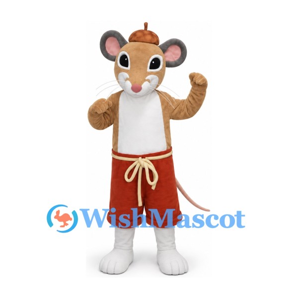 Brown Mouse Mascot Costume with White Vest and Red Shorts