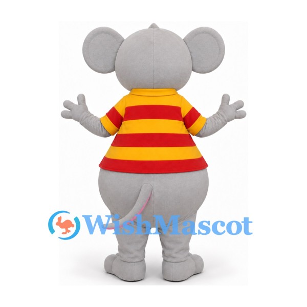 Gray Mouse Mascot Costume with Red and Yellow Striped Shirt