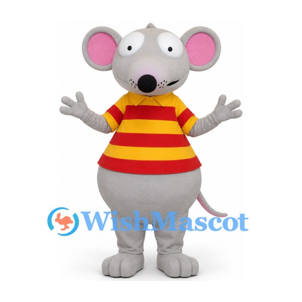 Gray Mouse Mascot Costume with Red and Yellow Striped Shirt