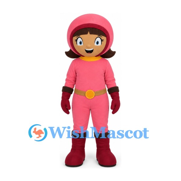 Girl Mascot Costume with Pink Helmet and Jumpsuit