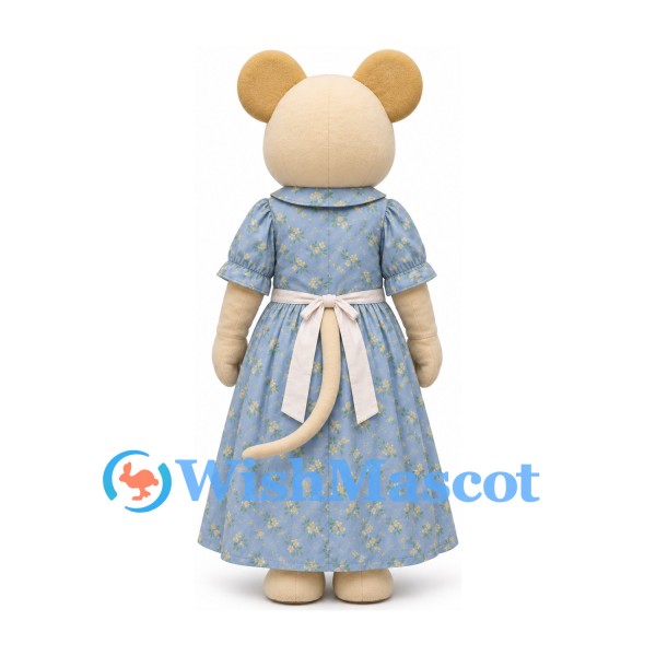 Beige Mouse Mascot Costume with Blue Floral Dress and White Apron