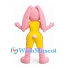 Pink Rabbit Mascot Costume with Long Floppy Ears and Yellow Overalls