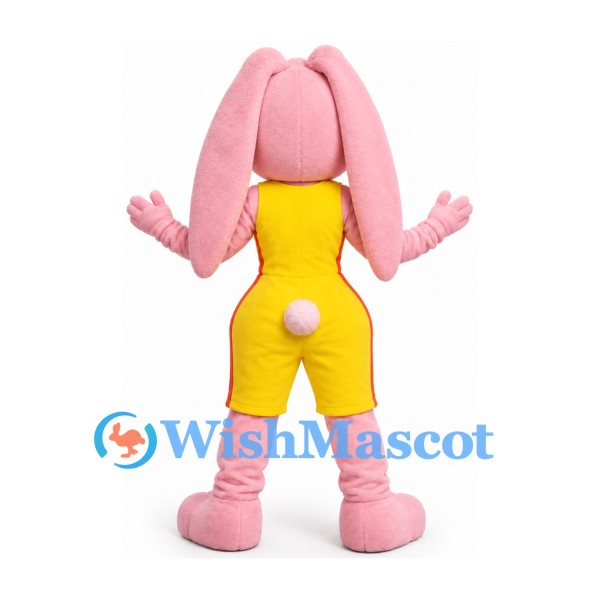 Pink Rabbit Mascot Costume with Long Floppy Ears and Yellow Overalls
