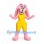 Pink Rabbit Mascot Costume with Long Floppy Ears and Yellow Overalls
