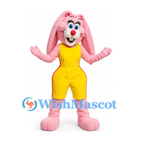 Pink Rabbit Mascot Costume with Long Floppy Ears and Yellow Overalls
