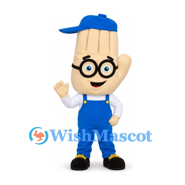 Hand Mascot Costume with Blue Cap, Glasses and Overalls