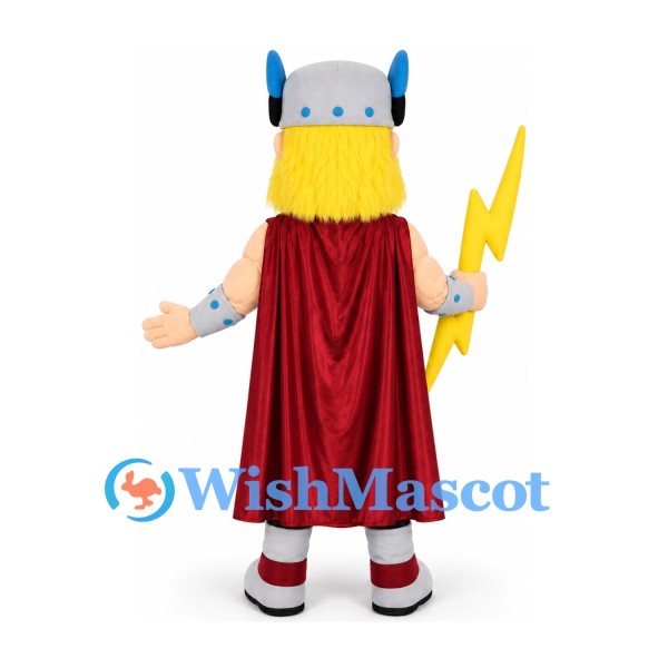 Thunder Warrior Mascot Costume with Horned Helmet and Red Cape