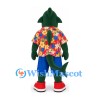 Green Shark Mascot Costume with Floral Shirt and Blue Shorts
