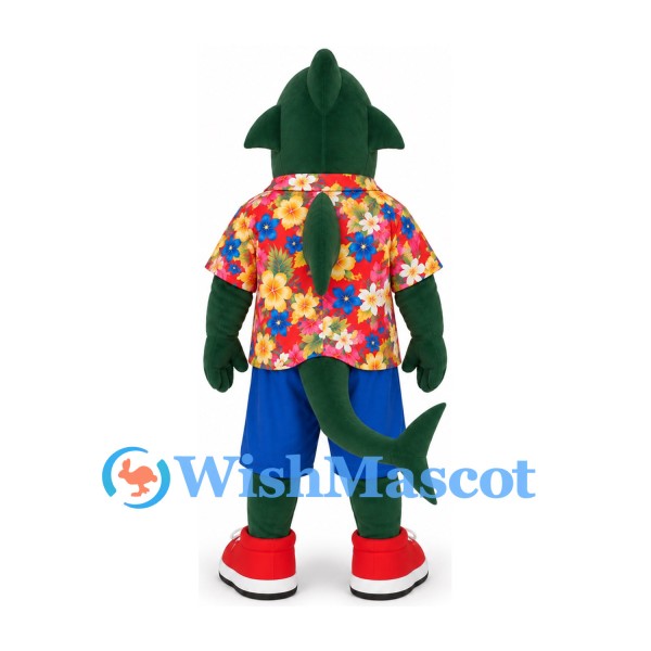 Green Shark Mascot Costume with Floral Shirt and Blue Shorts