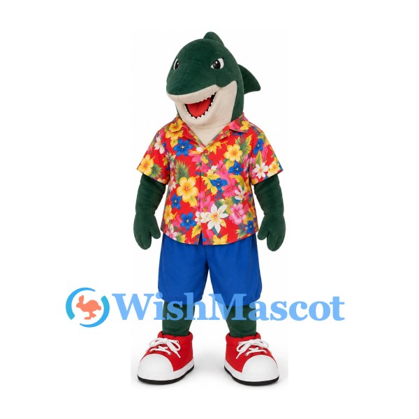Green Shark Mascot Costume with Floral Shirt and Blue Shorts