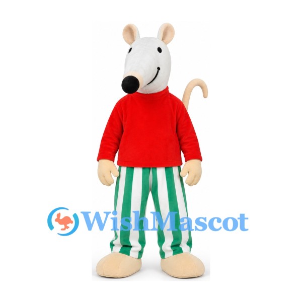 White Mouse Mascot Costume with Red Sweater and Striped Pants