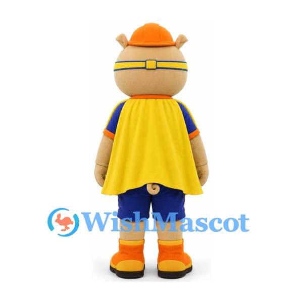 Pig Mascot Costume with Orange Hard Hat and Yellow Cape