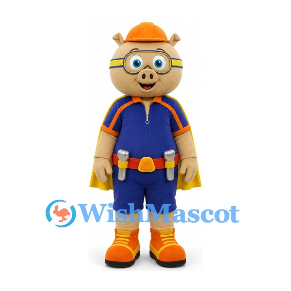 Pig Mascot Costume with Orange Hard Hat and Yellow Cape