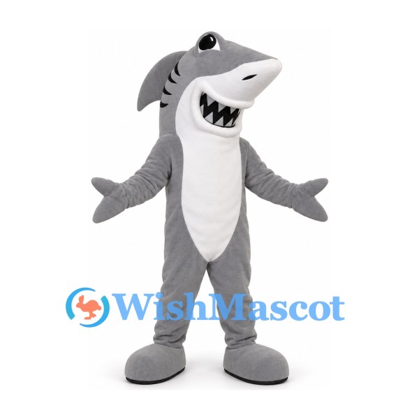 Gray Shark Mascot Costume with Open Mouth and White Belly