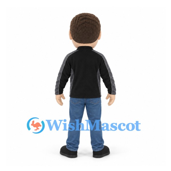 Man Mascot Costume with Black Jacket and Blue Jeans