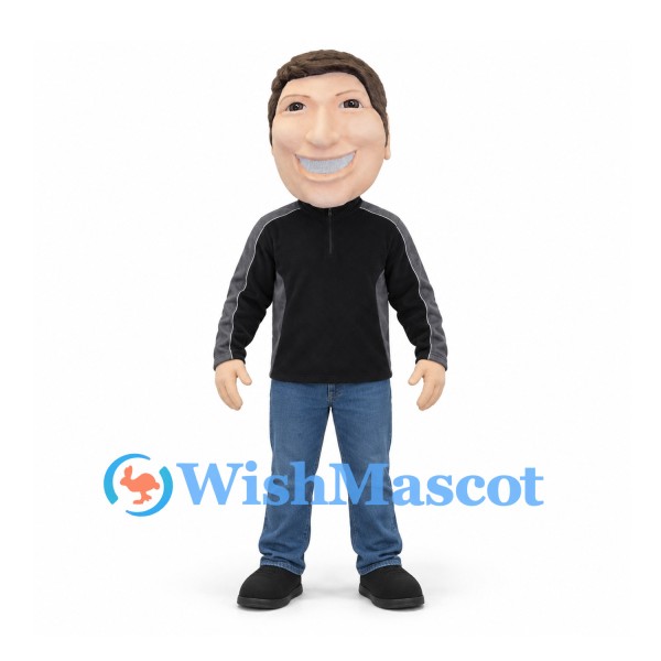 Man Mascot Costume with Black Jacket and Blue Jeans