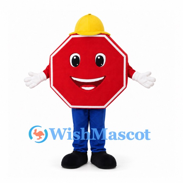 Red Octagon Mascot Costume with Yellow Hard Hat