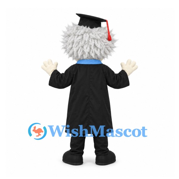 Scientist Mascot Costume with White Spiky Hair and Black Graduation Gown