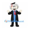 Scientist Mascot Costume with White Spiky Hair and Black Graduation Gown