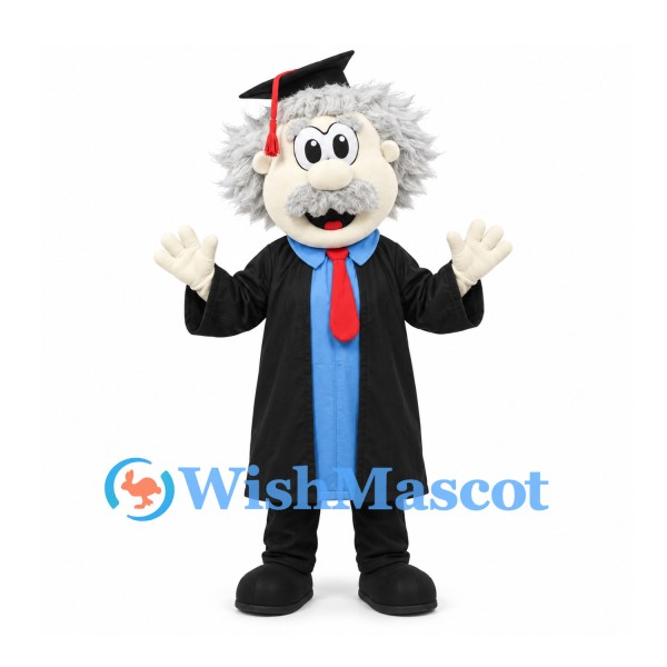 Scientist Mascot Costume with White Spiky Hair and Black Graduation Gown