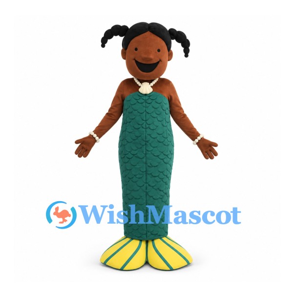 Mermaid Mascot Costume with Black Pigtails and Green Tail