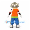 Robot Mascot Costume with Gold Helmet and Orange Sports Shirt
