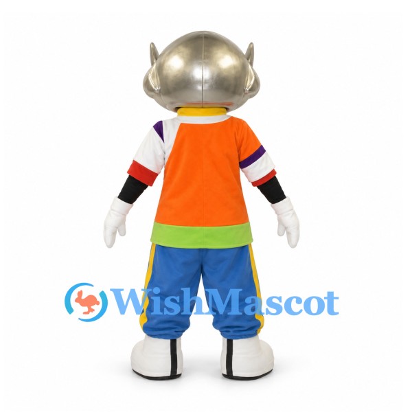 Robot Mascot Costume with Gold Helmet and Orange Sports Shirt