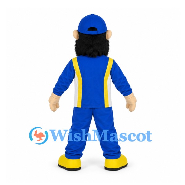 Bearded Man Mascot Costume with Blue Cap and Yellow Suspenders