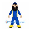 Bearded Man Mascot Costume with Blue Cap and Yellow Suspenders