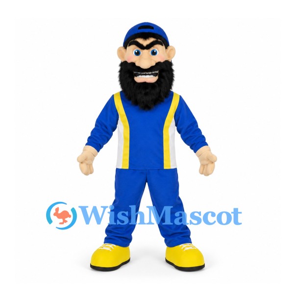 Bearded Man Mascot Costume with Blue Cap and Yellow Suspenders