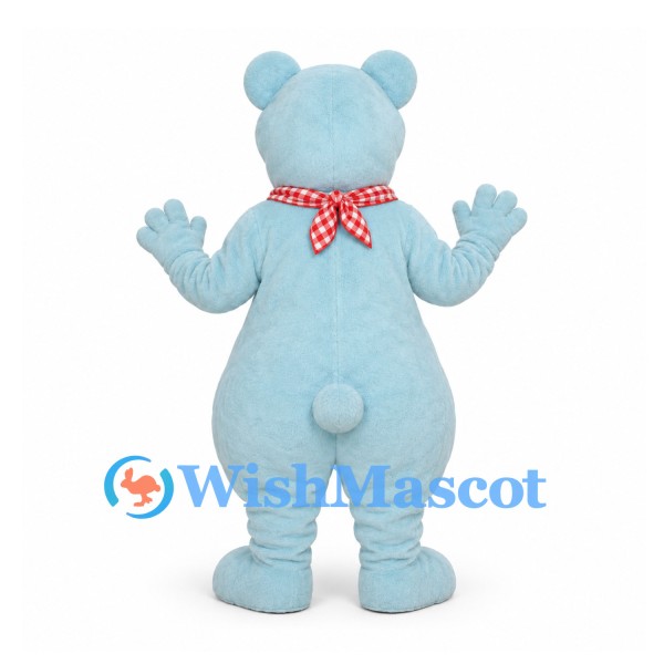 Light Blue Bear Mascot Costume with Red Gingham Scarf