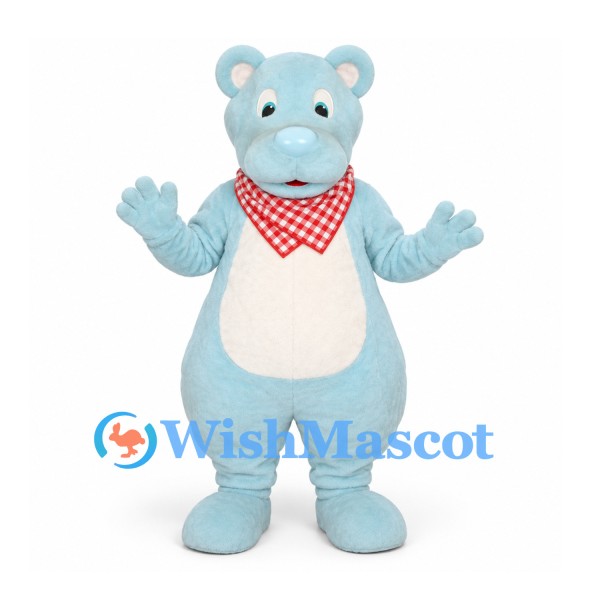 Light Blue Bear Mascot Costume with Red Gingham Scarf