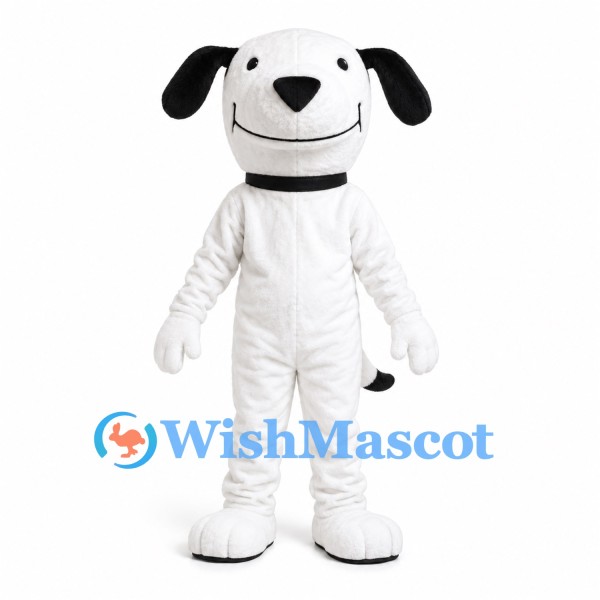 White Dog Mascot Costume with Black Ears and Collar