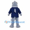 Gray Shark Mascot Costume with Navy Suit and Red Tie