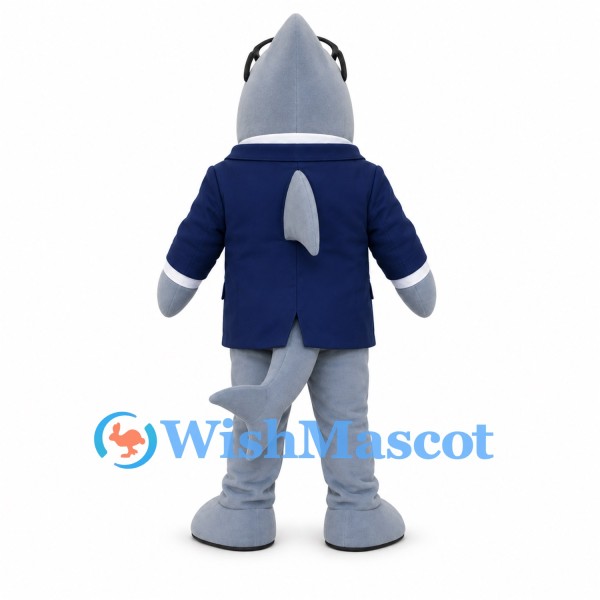 Gray Shark Mascot Costume with Navy Suit and Red Tie